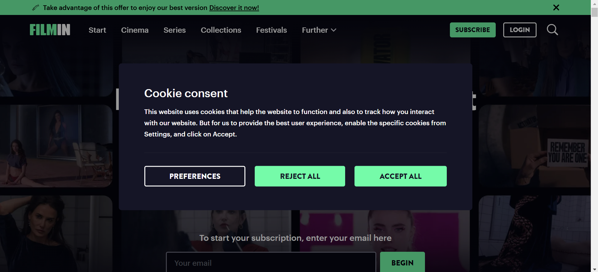 Filmin cookie consent popup: full screen
