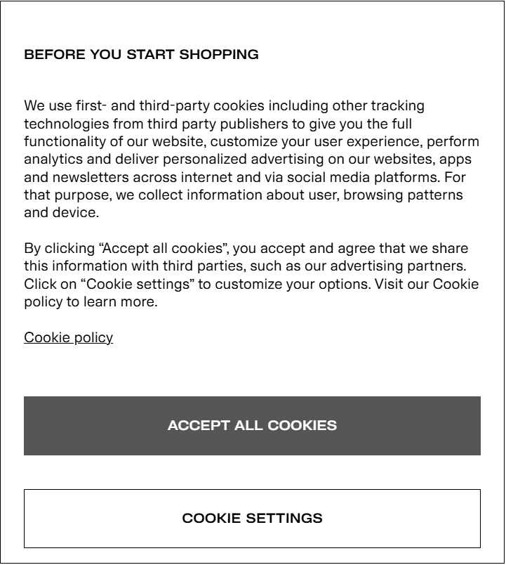 H&M cookie consent popup: hover state